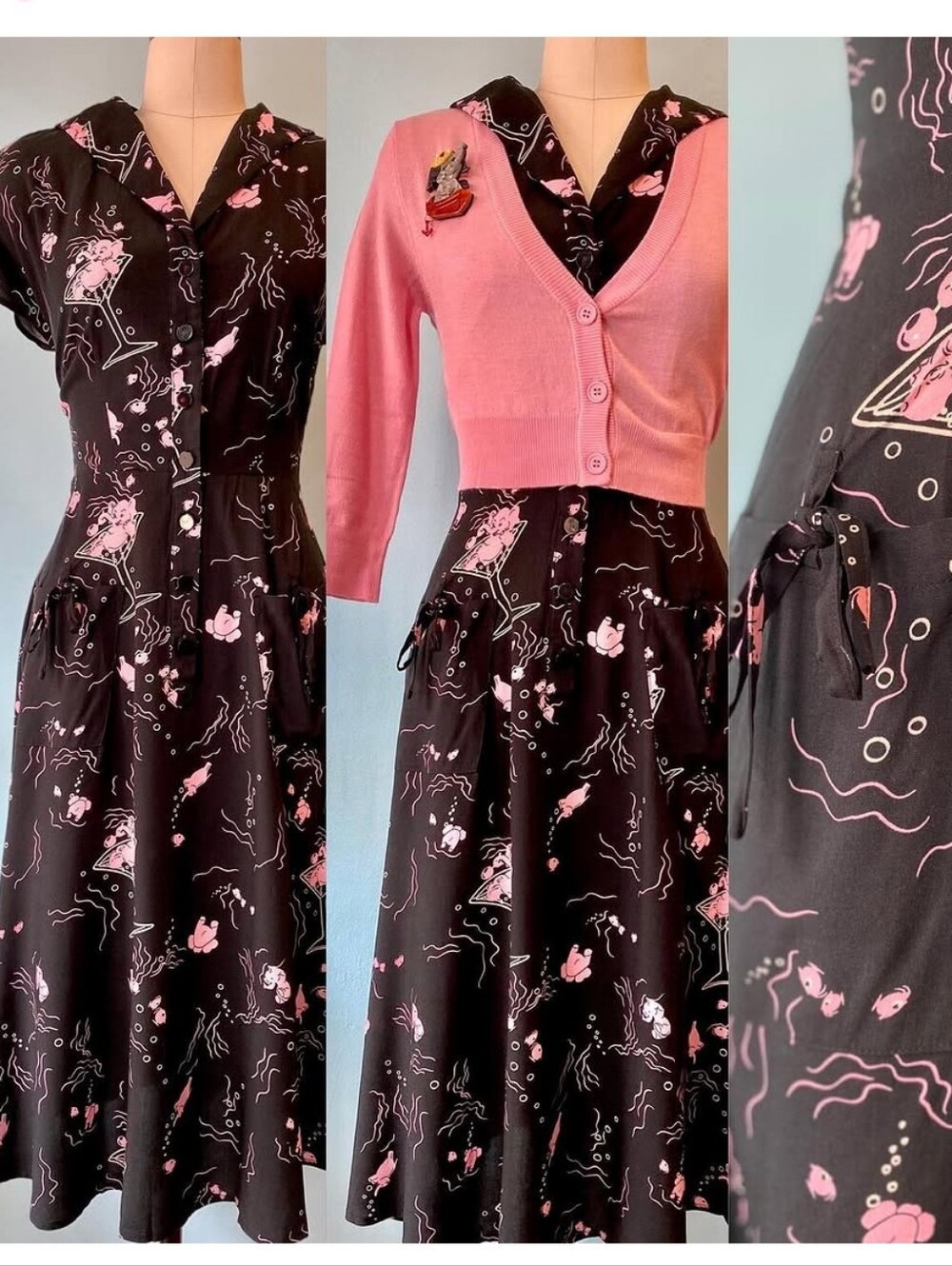 Collectif Liza Tipsy Pink Elephant Martini Glass Print Reproduction 40s Dress 18